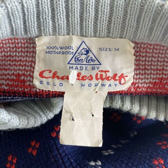 Vtg Charles Wolf Norway Sweater Men's Medium Wool Pullover Blue Red Fair Isle - Picture 5 of 5
